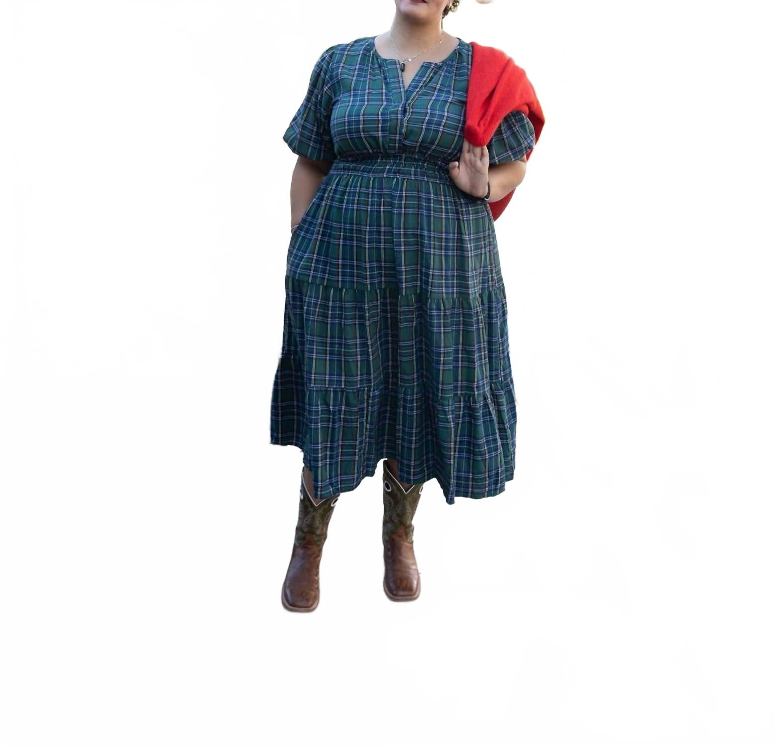 

SHE + SKY Платье-миди с пышными рукавами и клетчатым узором, больших размеров, зеленого цвета