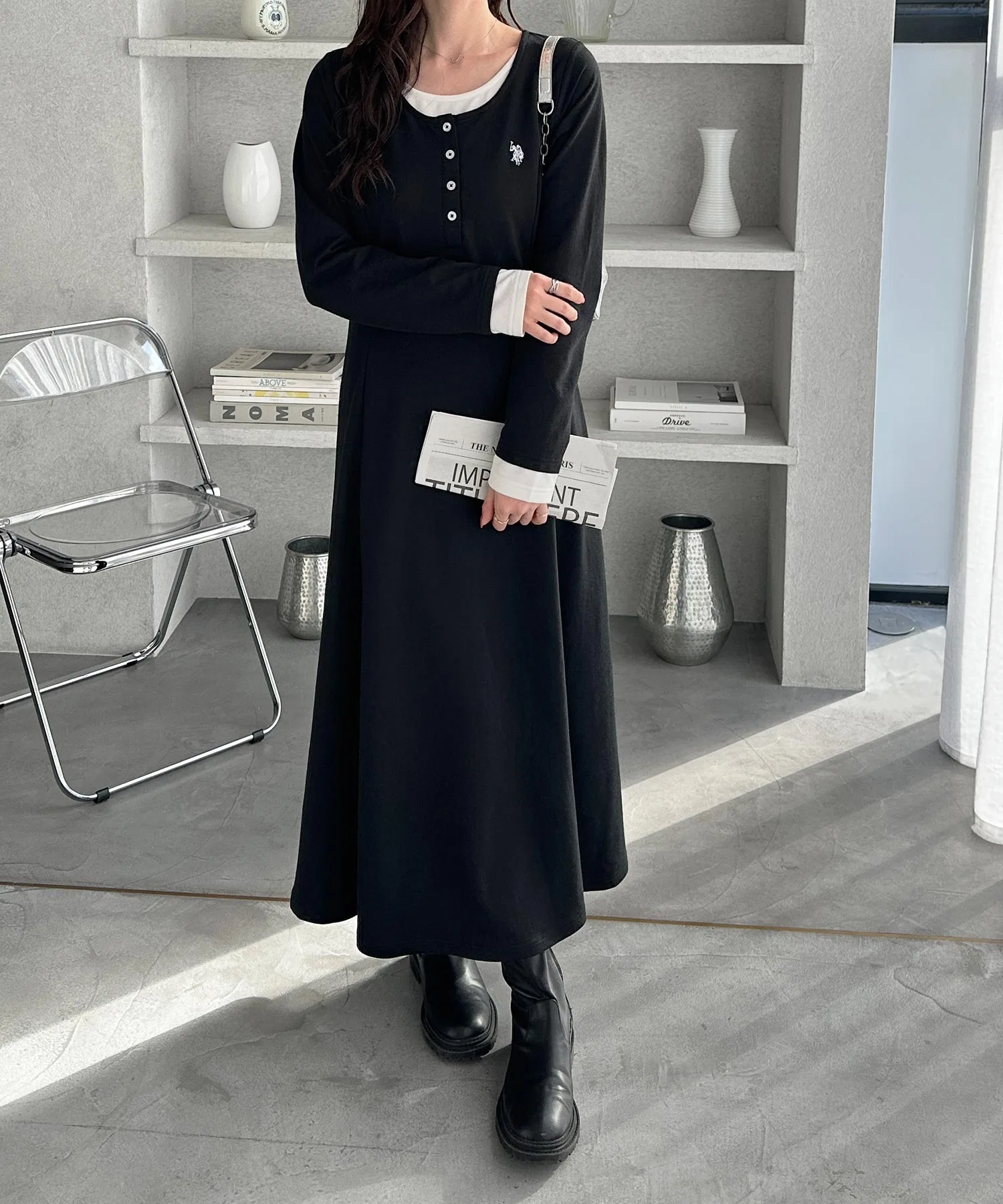 Женское платье-макси U.S. POLO ASSN. с имитацией многослойности и логотипом чёрное — фото 3