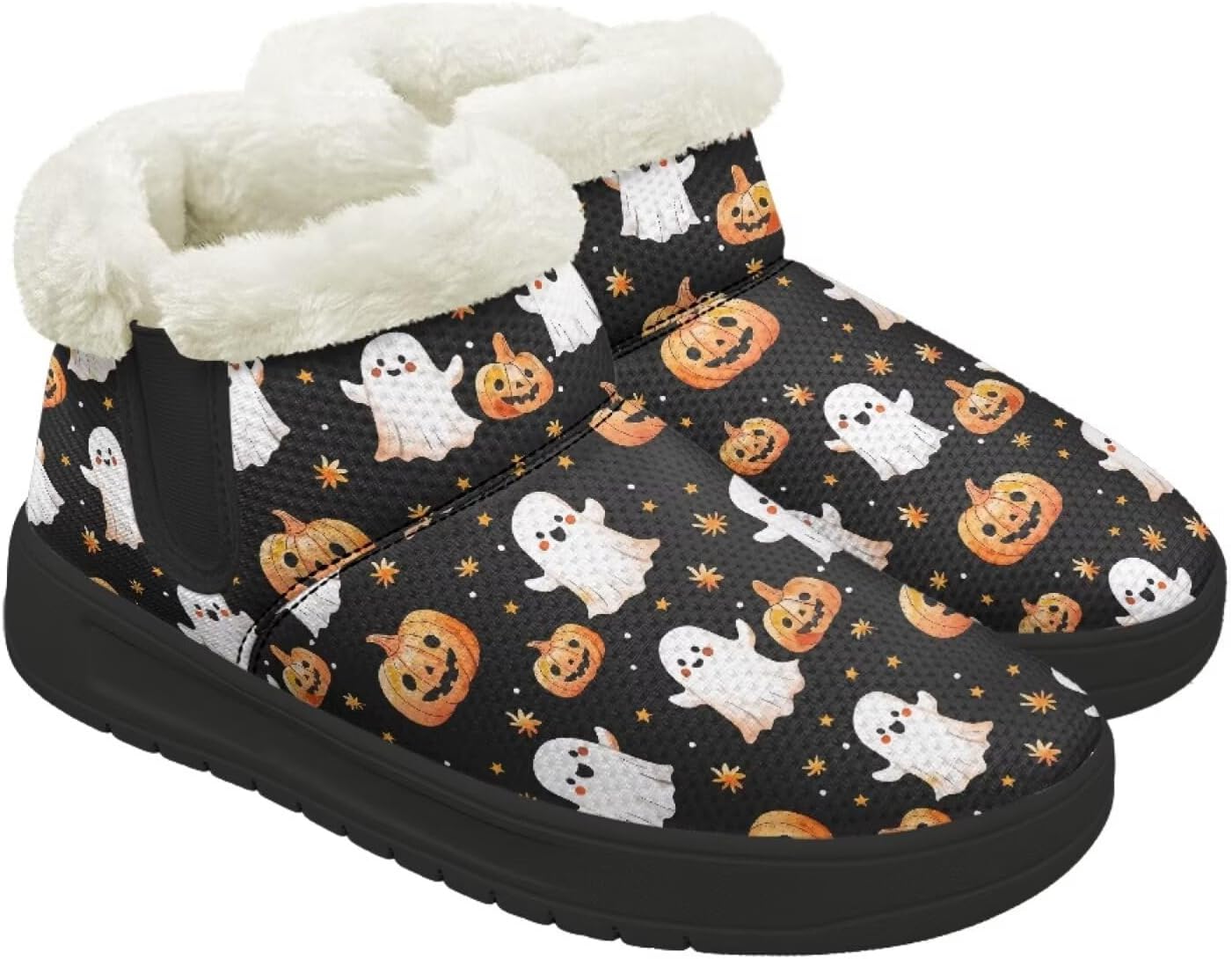 

Зимние ботинки Forchrinse для женщин и мужчин, с меховой подкладкой, для ходьбы на улице, короткие, с теплой подошвой и противоскользящей стелькой, Halloween Ghost Pumpkin Print