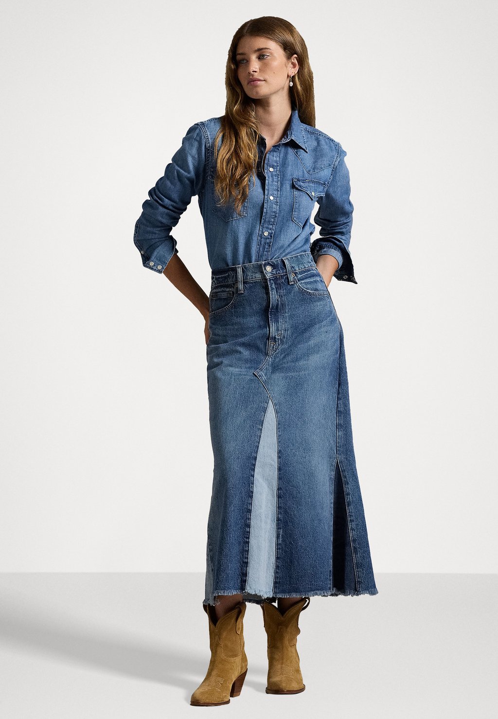 

Юбка А-силуэта DECONSTRUCTED PATCHWORK DENIM SKIRT Ralph Lauren, синий деним