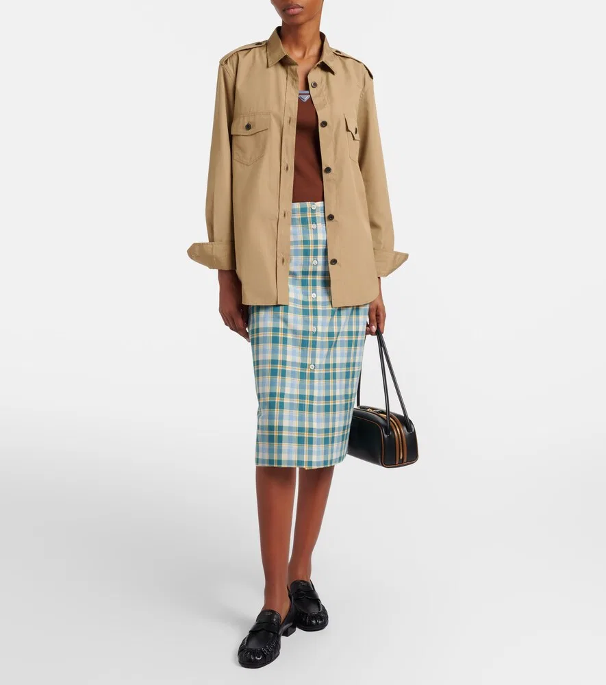Юбка-карандаш из хлопкового поплина в клетку Prada, синий — фото 2