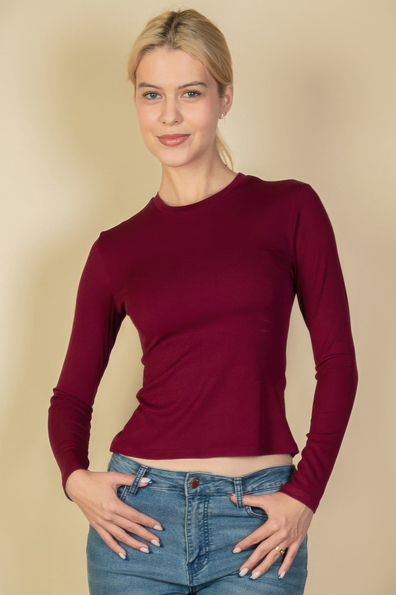 

FASHNZFAB Женский топ с круглым вырезом и длинными рукавами, цвет burgundy