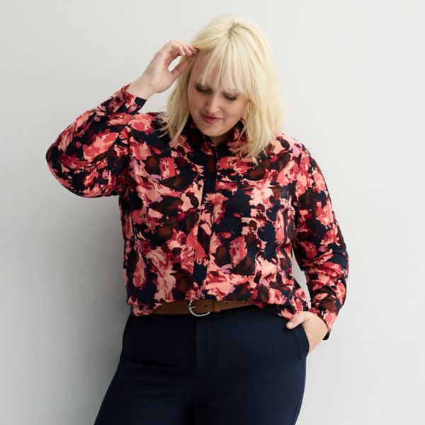 

Просторная рубашка с запахом и пуговицами Plus size Nine West, цвет coral abstract flora