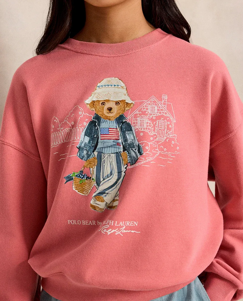 Девочковый свитшот с круглым вырезом и медведем Полом Polo Ralph Lauren, коралловый — фото 3