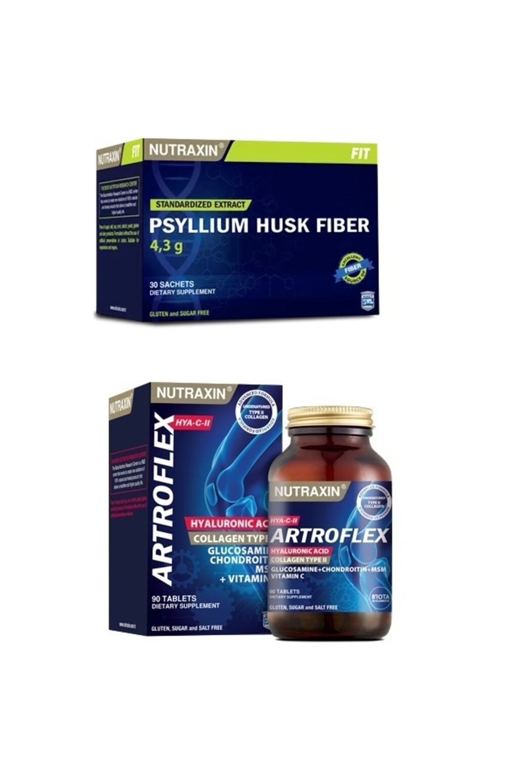 

Nutraxin Волокно шелухи подорожника 30 пакетиков + серия глюкозамина Hya C-II 90 таблеток