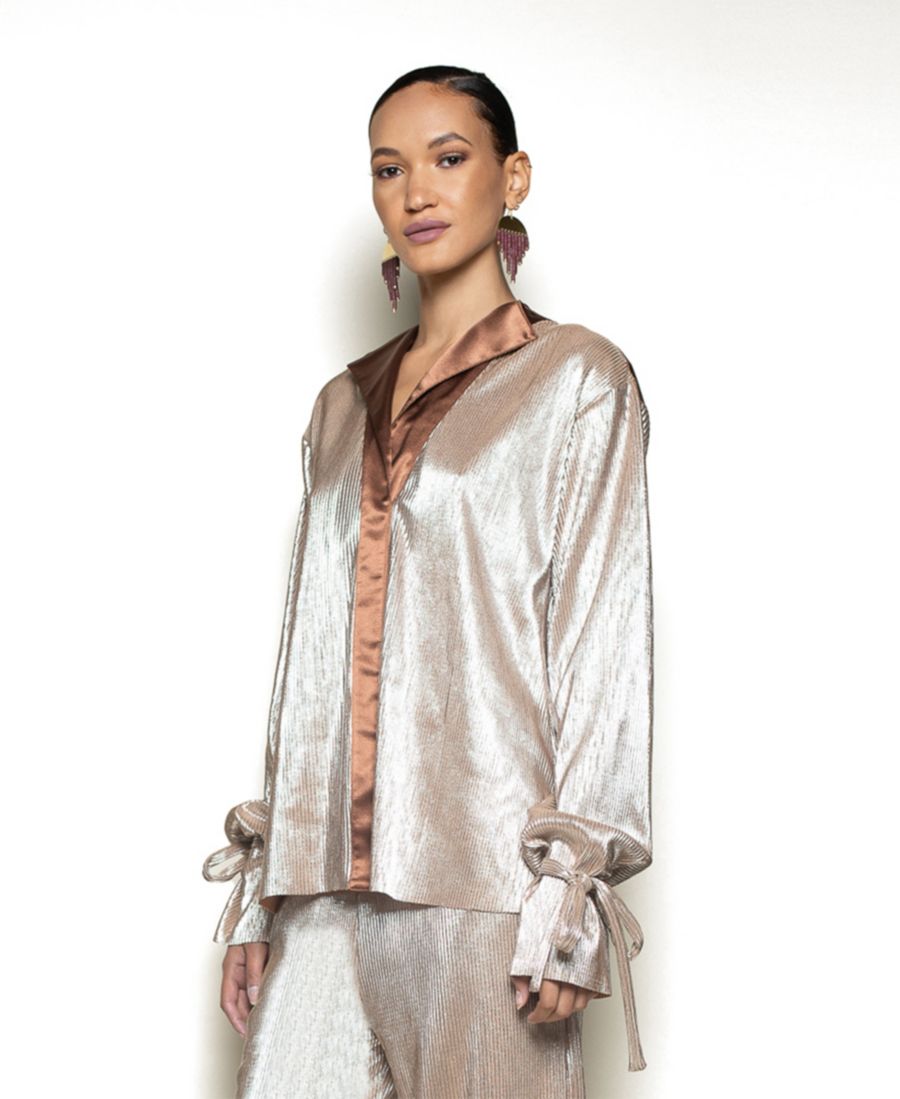 

Женский топ для смокинга с длинными рукавами и завязками, розово-золотистой блестящей отделкой, в стиле плиссировки Terese Sydonna, Rose gold