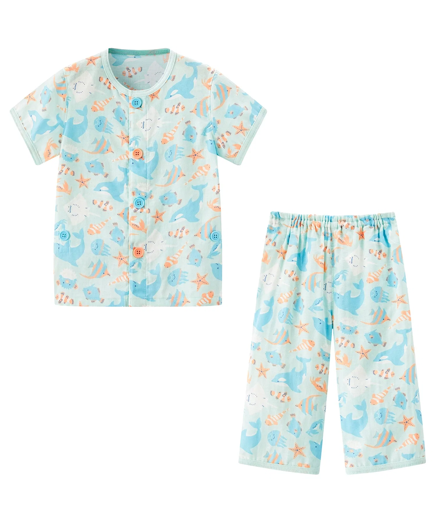 Удобная для живота, застегивающаяся на пуговицы, короткорукавная, с застежкой спереди, тонкая пижама из марли (с морскими обитателями, поездами, динозаврами). — фото 3