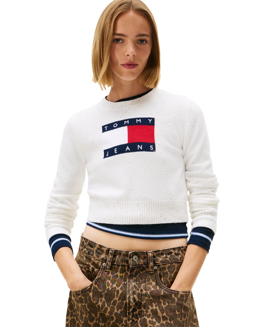 

Женский свитер с блестящим логотипом флага Tommy Jeans, Ancient White