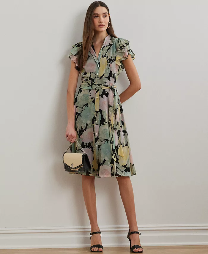 

Мини-платье-рубашка из жоржета с поясом Petite Floral Lauren Ralph Lauren, мультиколор
