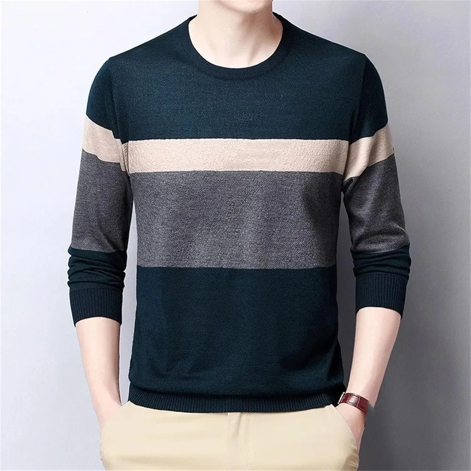 Мужской повседневный утепленный свитер с длинным рукавом Slim Striped Fleece Pullover Generic, черный — фото 2