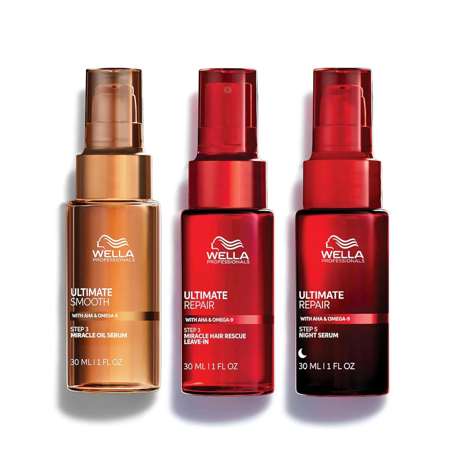 Wella Professionals ULTIMATE SMOOTH Miracle Oil Serum для сухих, тусклых и вьющихся волос + ULTIMATE REPAIR Night Hair Serum + Miracle Hair Rescue | Для всех типов волос | Дорожный набор 30 мл