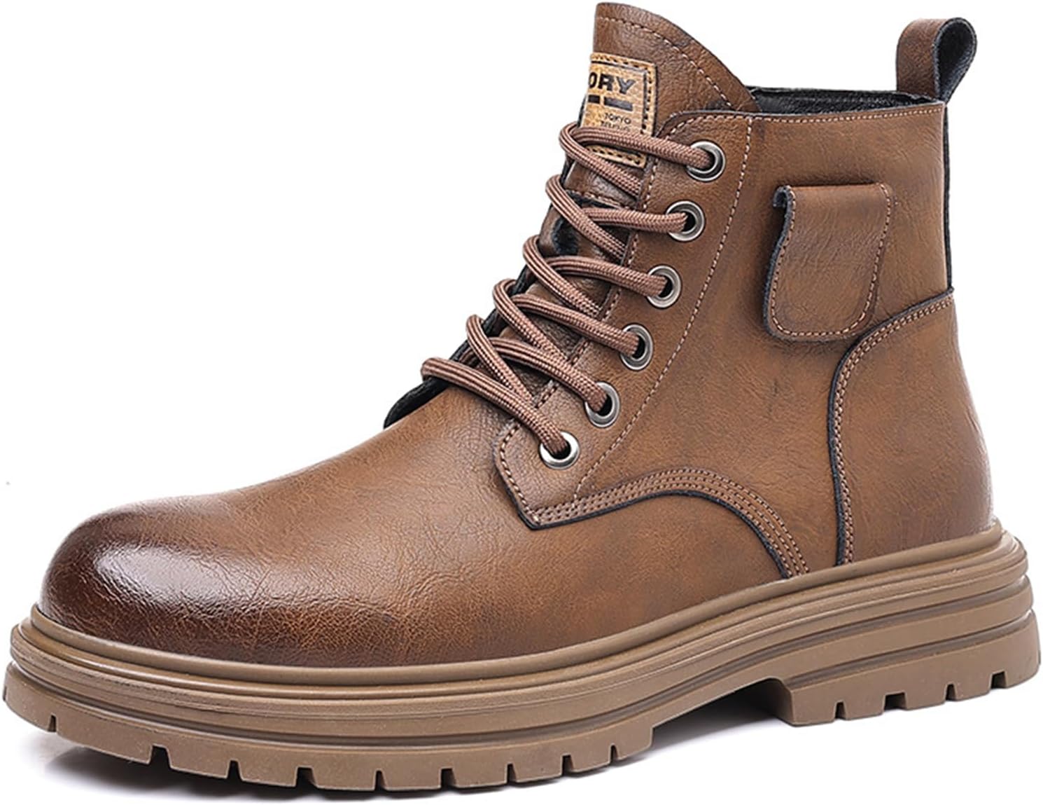 

Мужские винтажные кожаные ботинки на шнуровке с боковой молнией, модный круглый носок, утепленные флисом, тактические ботинки, повседневные, противоскользящие, для прогулок на открытом воздухе и езды на мотоцикле Tokouk, коричневый