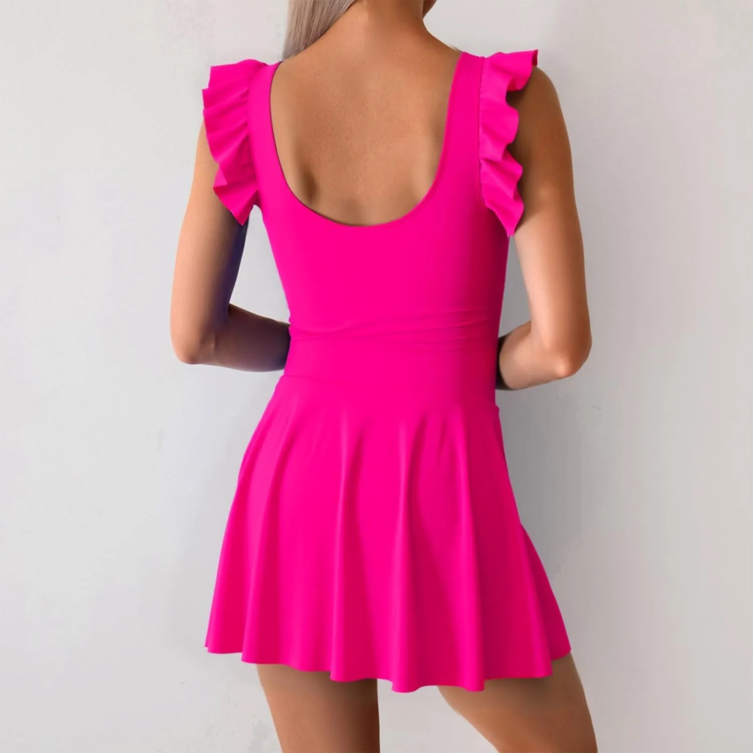 Купальник Ruffles One Piece Swimdress для женщин, Tankini, с эффектом контроля живота, с милым бантом, защитный купальный костюм для отпуска Generic, розовый — фото 3