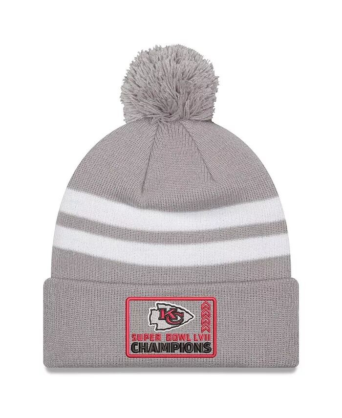 

Мужская серая вязаная шапка Kansas City Chiefs Super Bowl LVII Champions с полосками и манжетами с помпоном New Era