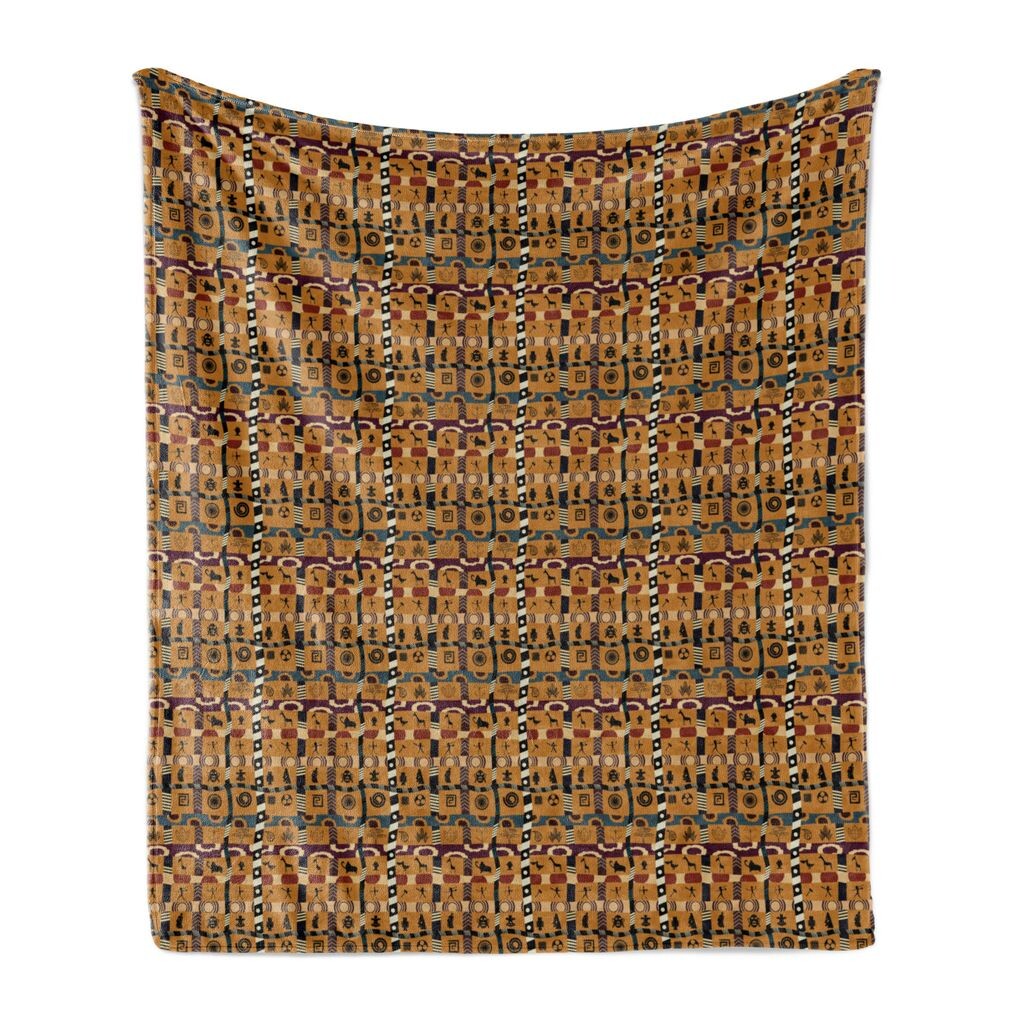 

ABAKUHAUS Vintage Tribal мягкое фланелевое флисовое одеяло, повторяющий узор примитивного искусства - ботаника человека и животных, 175 x 230 см, янтарный и разноцветный, коричневый