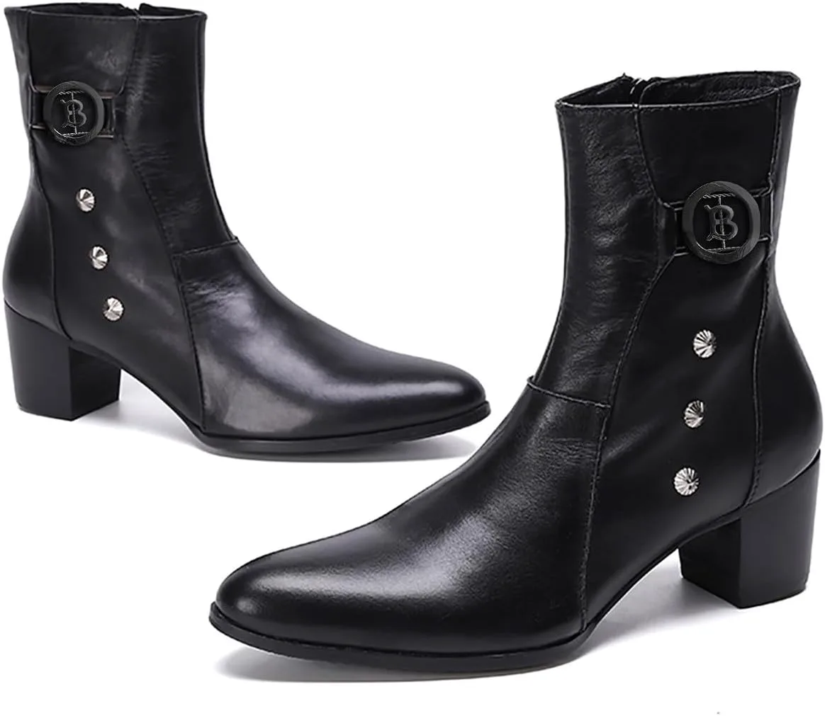 

Мужские повседневные вестерн-челси ботинки Santimon Mens - настоящая кожаная ковбойская обувь средней длины с молнией для вечеринок, диско, бальных танцев и свадеб, черный