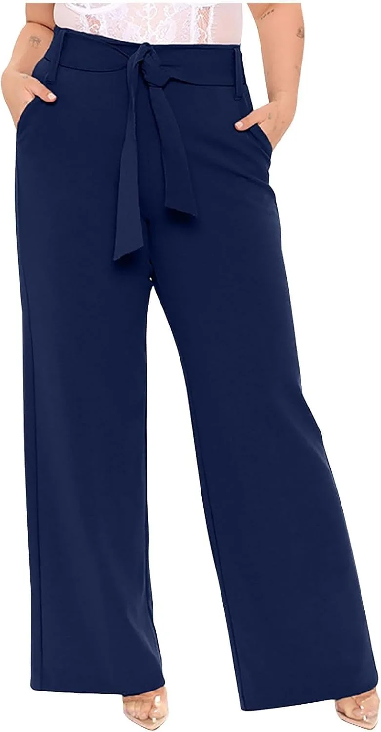Брюки для женщин Business Casual свободного кроя широкие длинные офисные брюки костюмные завышенная талия прямые Generic, темно-синий