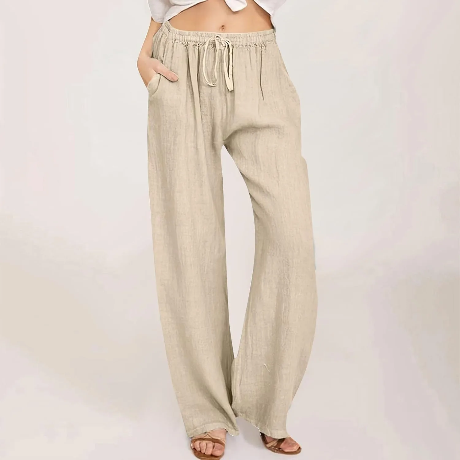 Женские льняные брюки Casual, с высокой талией на шнурке, прямые, для отдыха, с эластичным поясом, свободные пляжные Generic, темно-синий — фото 2