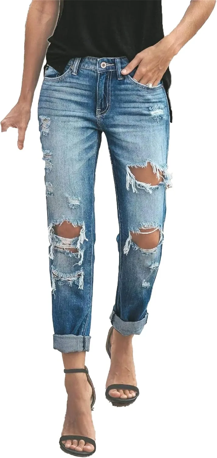 Женские джинсы distressed с потертостями, mid waist, loose fit