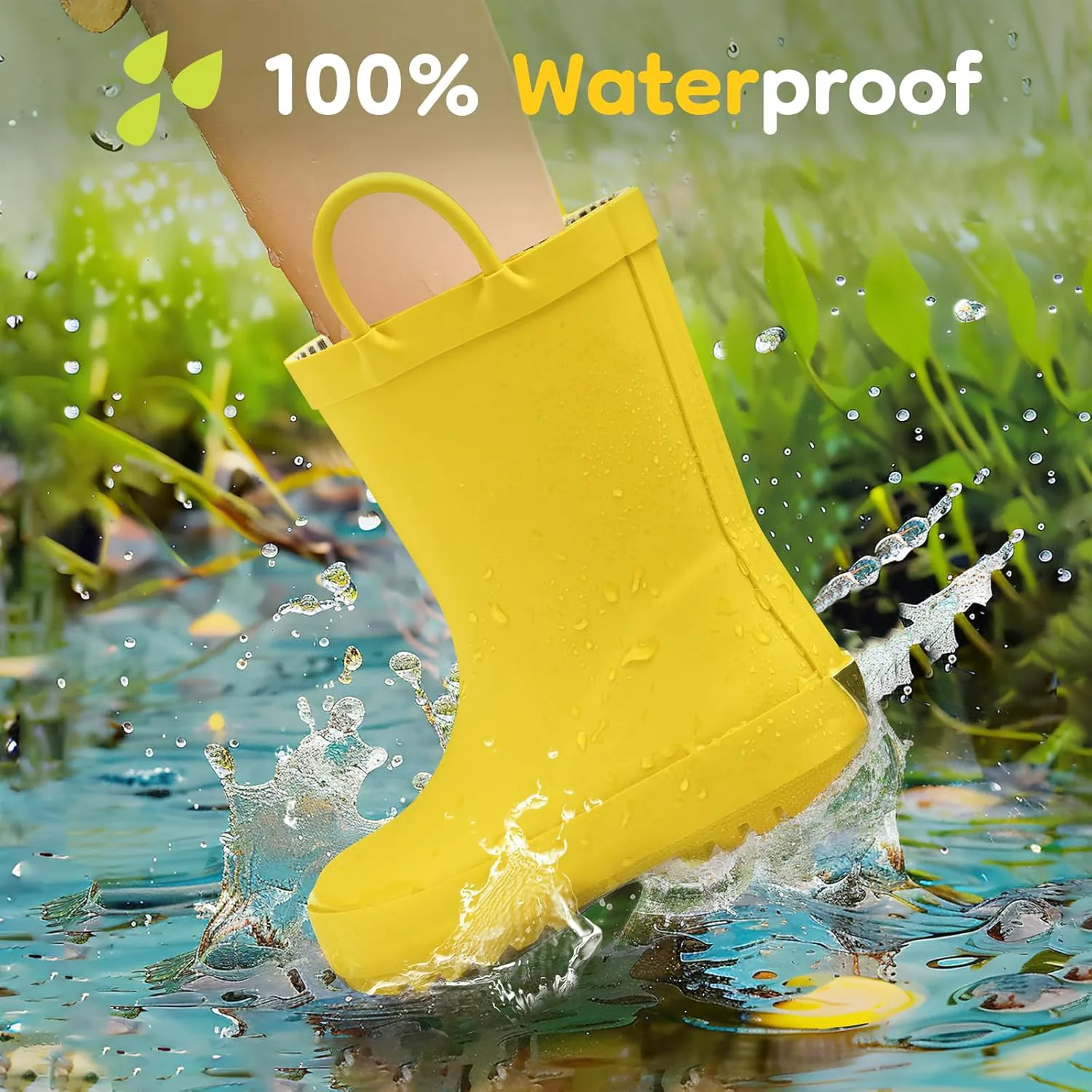 Резиновые дождевые сапоги HISEA для малышей и детей, мальчиков и девочек, легкие, водонепроницаемые с ручкой для легкого надевания, желтый — фото 4