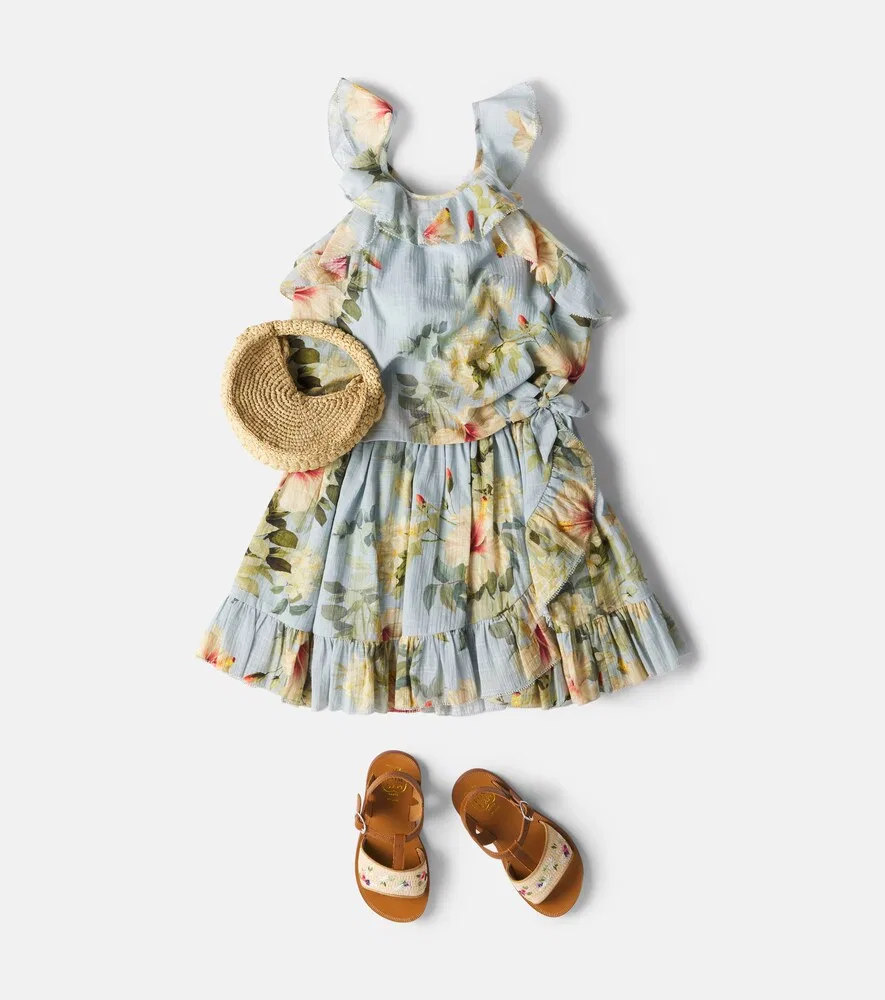 Хлопковая майка Mahon с цветочным принтом и оборками Zimmermann Kids, синий — фото 2