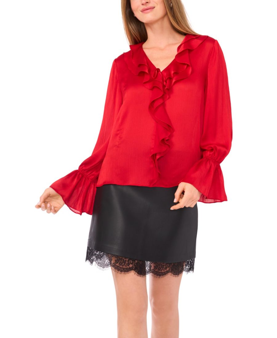 

Женская блузка с V-образным вырезом и рукавами-колоколами, с оборками Vince Camuto, Cherry Red