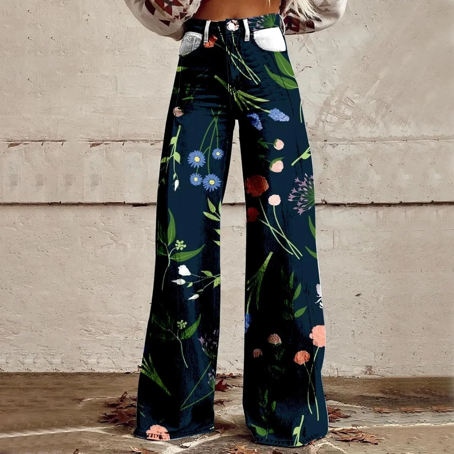 Джинсы с цветочным принтом, Wide Leg, Navy — фото 2