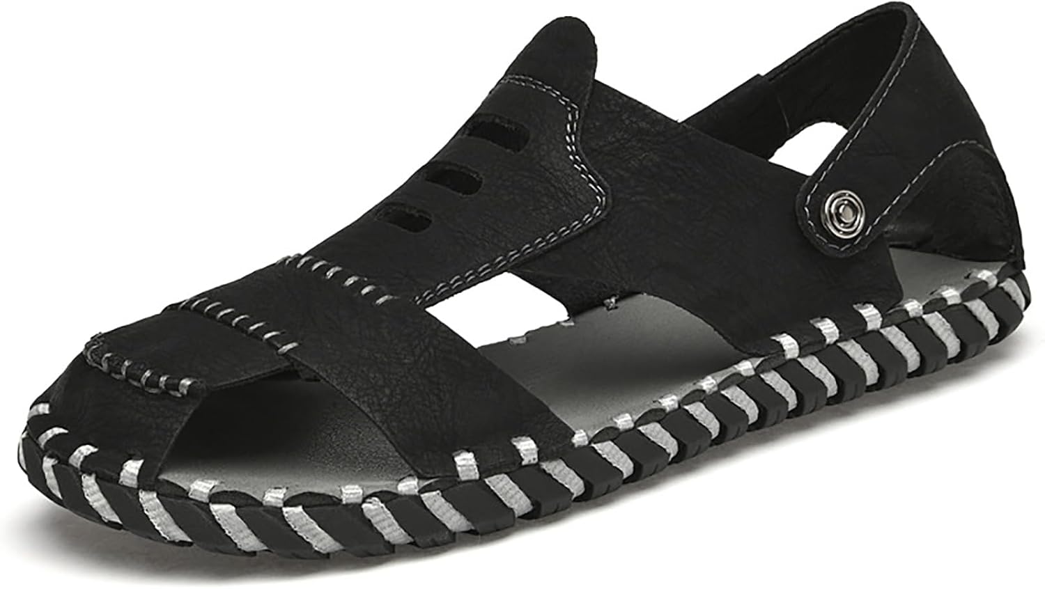 

Мужские сандалии-рыбаки из натуральной кожи, ручная строчка, модные, дышащие, с вырезами, на плоской подошве, с закрытым носком, противоскользящие, летние водные туфли для отдыха на пляже Egebs, черный