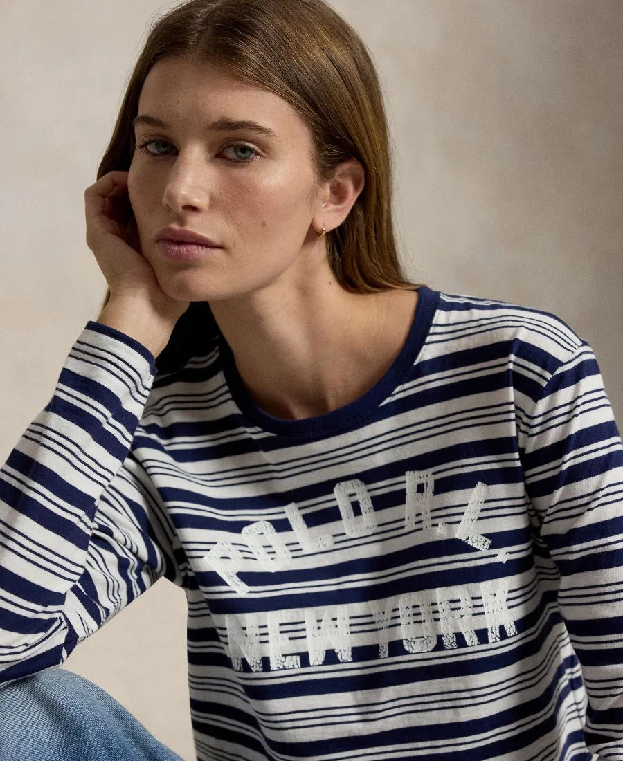 Женская полосатая футболка с круглым вырезом и длинными рукавами Polo Ralph Lauren, мультиколор — фото 3