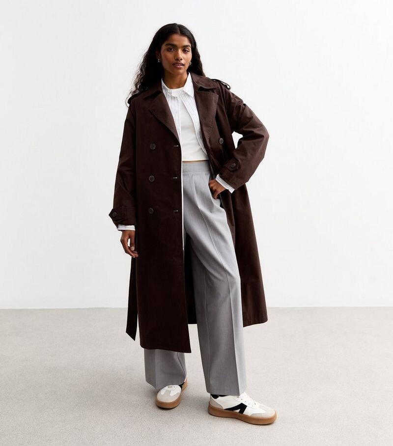 

Миниатюрный коричневый двубортный хлопковый тренч New Look, темно-коричневый