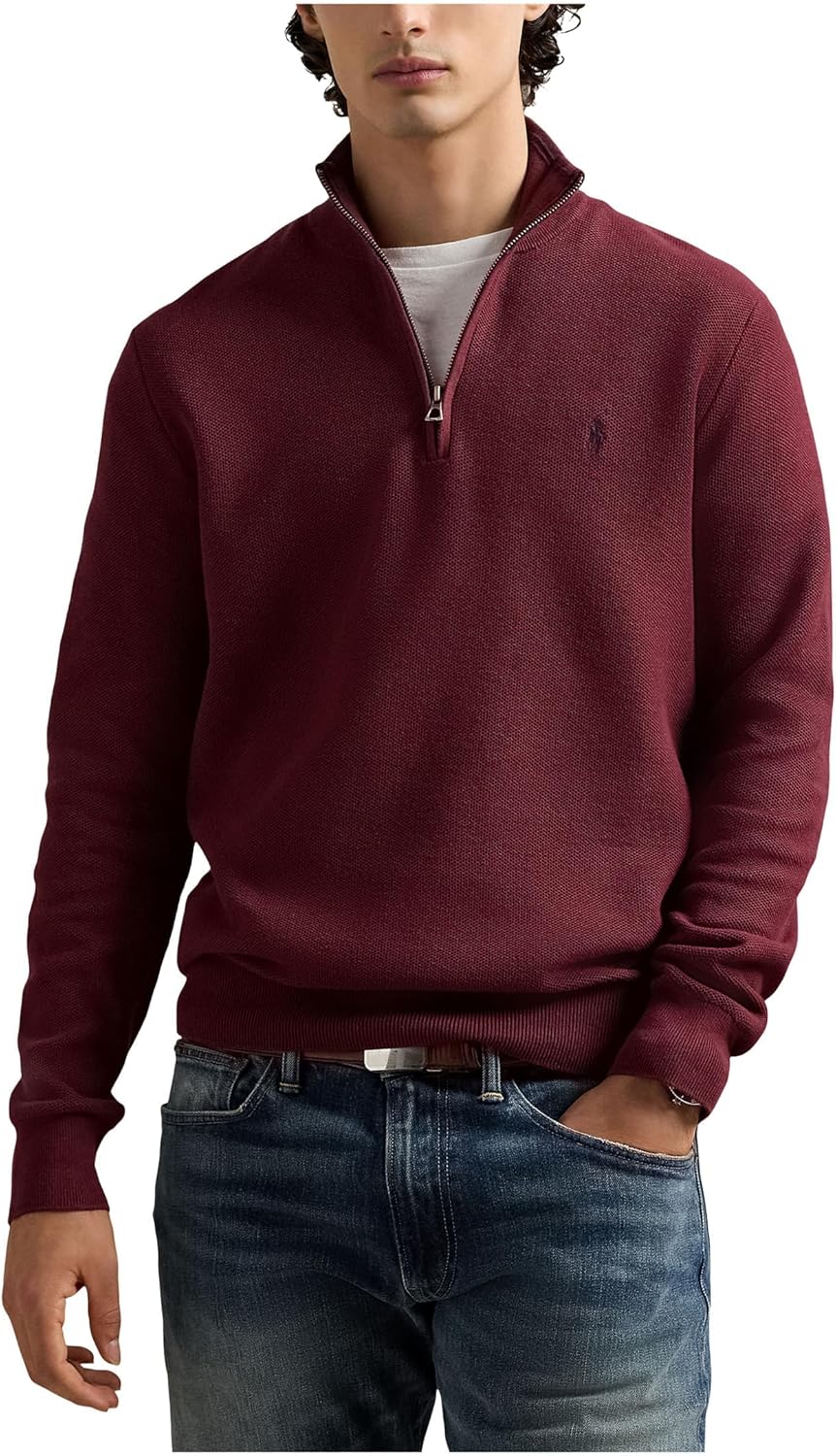 

POLO RALPH LAUREN мужская сетчатая вязка хлопковая 1/4 молнии свитер, Red Wine