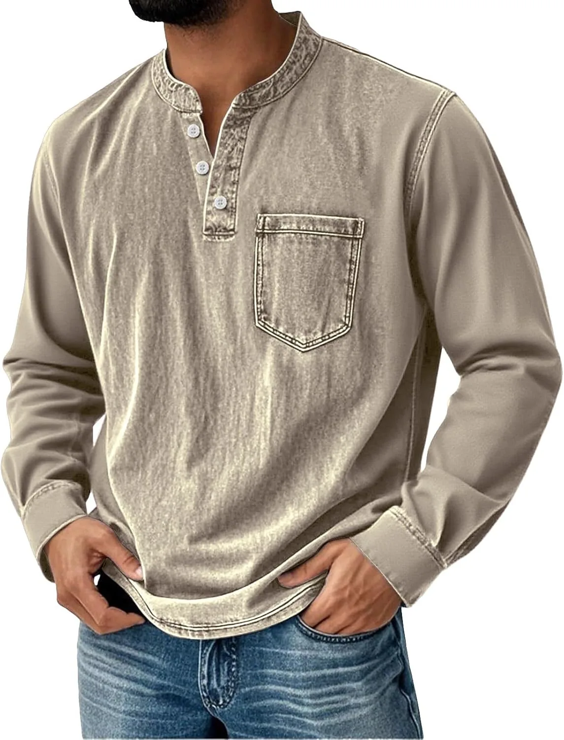 

CRNTCEM мужская поношенная винтажная хенли рубашка с длинным рукавом