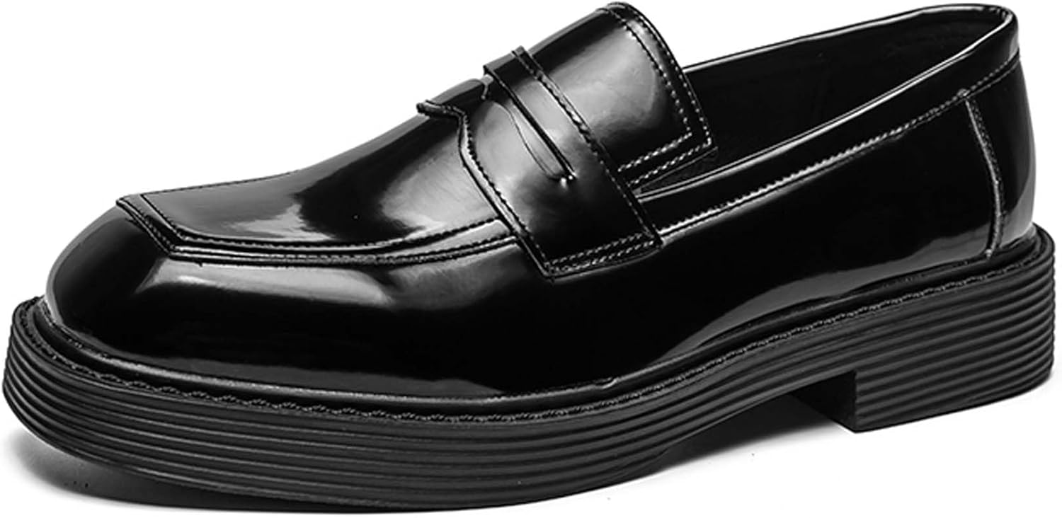 

Мужские лоферы с квадратным носком, модные, из лакированной кожи с глянцевой поверхностью, деловые повседневные и формальные туфли, с противоскользящей толстой подошвой, для офиса, свадьбы, костюма, удобные кожаные слипоны Generic, черный