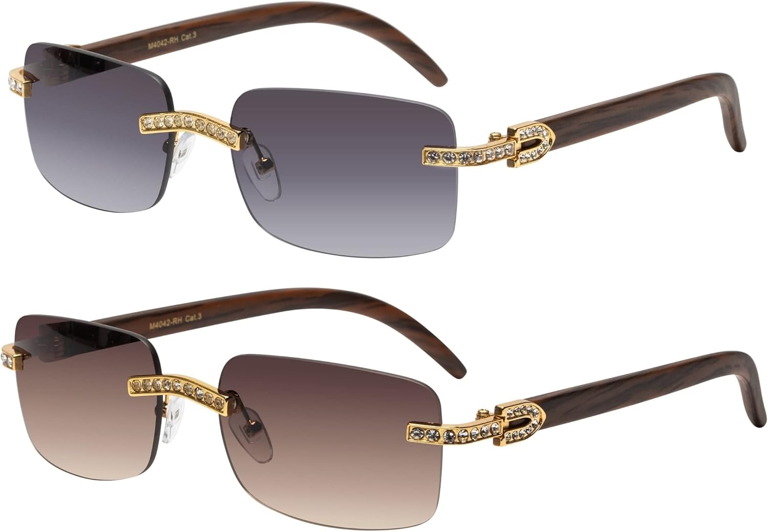 

Солнцезащитные очки в стиле ретро-винтаж без оправы с прозрачными линзами для женщин и мужчин, роскошные очки, модные очки с кристаллами и деревянными линзами FLAWLESS EYEWEAR, 2 Pack: Gold/Brown and Gold/Smoke