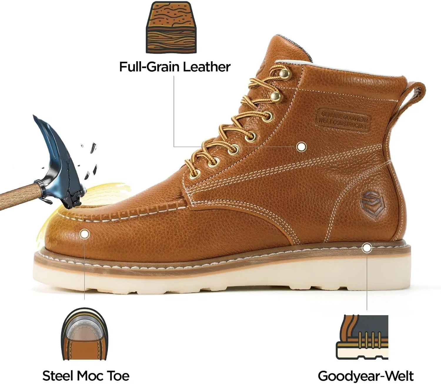 Рабочие ботинки SUREWAY GoodyearWelt 6" для мужчин, из высококачественной натуральной кожи, на танкетке, легкие, с удобной стелькой, масляным противоскользящим покрытием EH, для промышленного строительства, Steel Toe Cap, Light Brown — фото 4