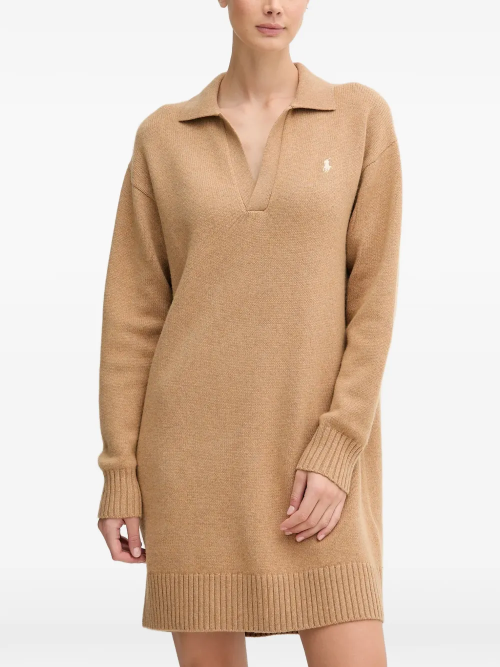 

Платье миди с логотипом и V-образным вырезом Polo Ralph Lauren, бежевый