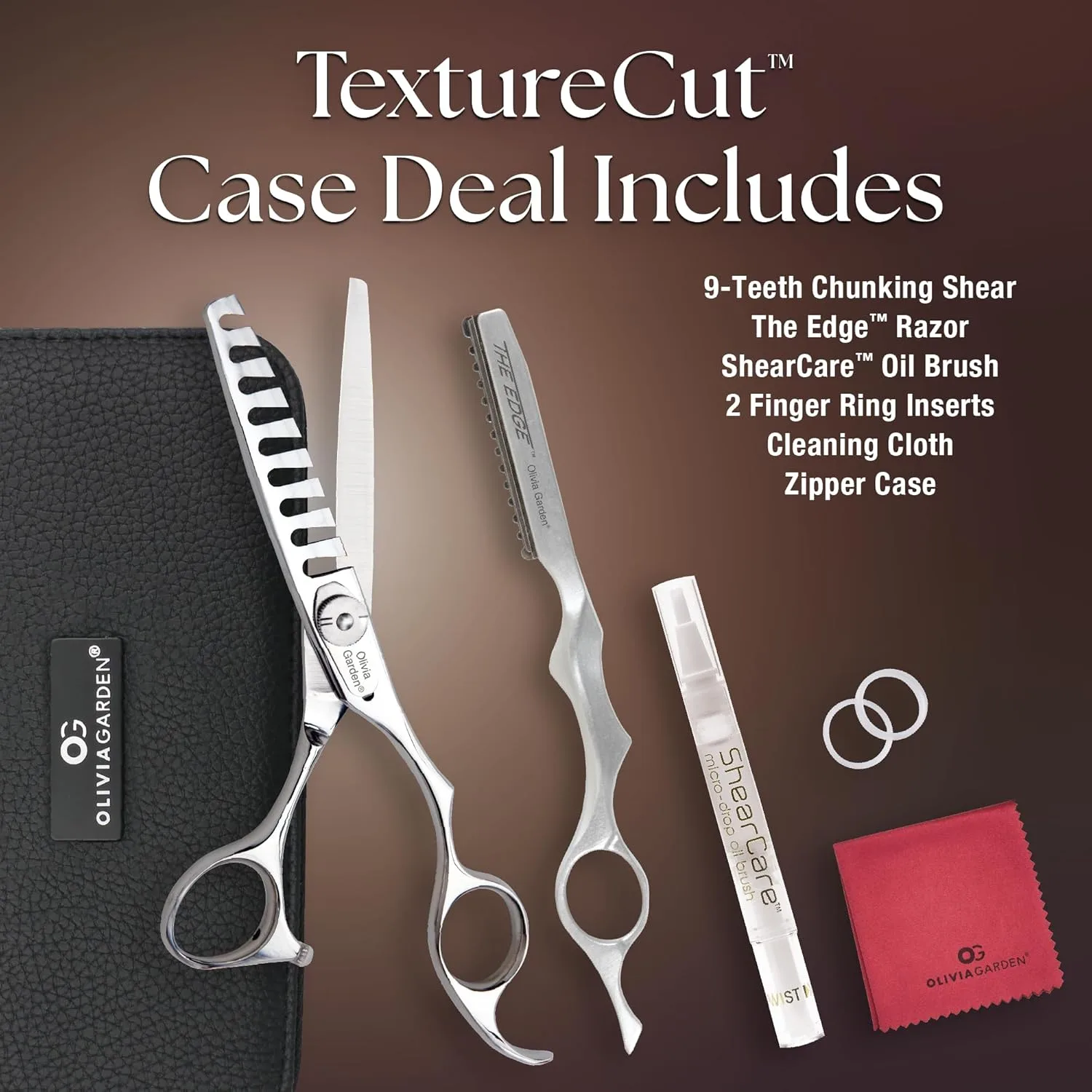 Olivia Garden TextureCut Professional Hairdressing Thinner Intro Case Набор 9 зубцов (TC-C01): TC-9C, бритва RZ-E — фото 2