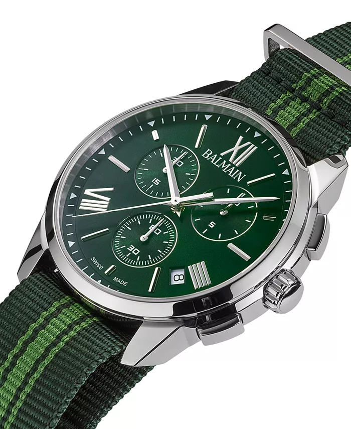 Мужские часы Swiss Chronograph Madrigal с темно-зеленым полосатым ремешком NATO, 42 мм Balmain — фото 2