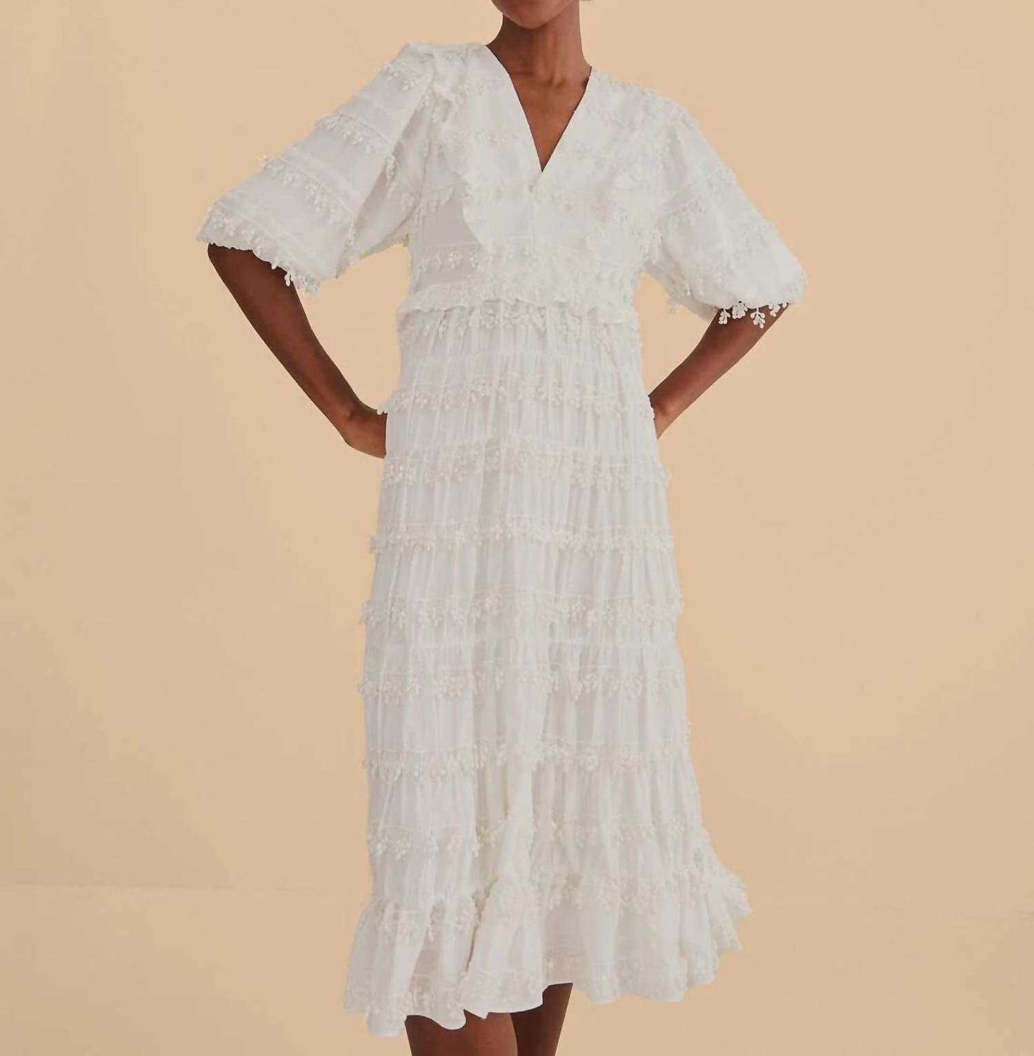 

Платье миди с оборками и кисточками в цвете Off White FARM Rio