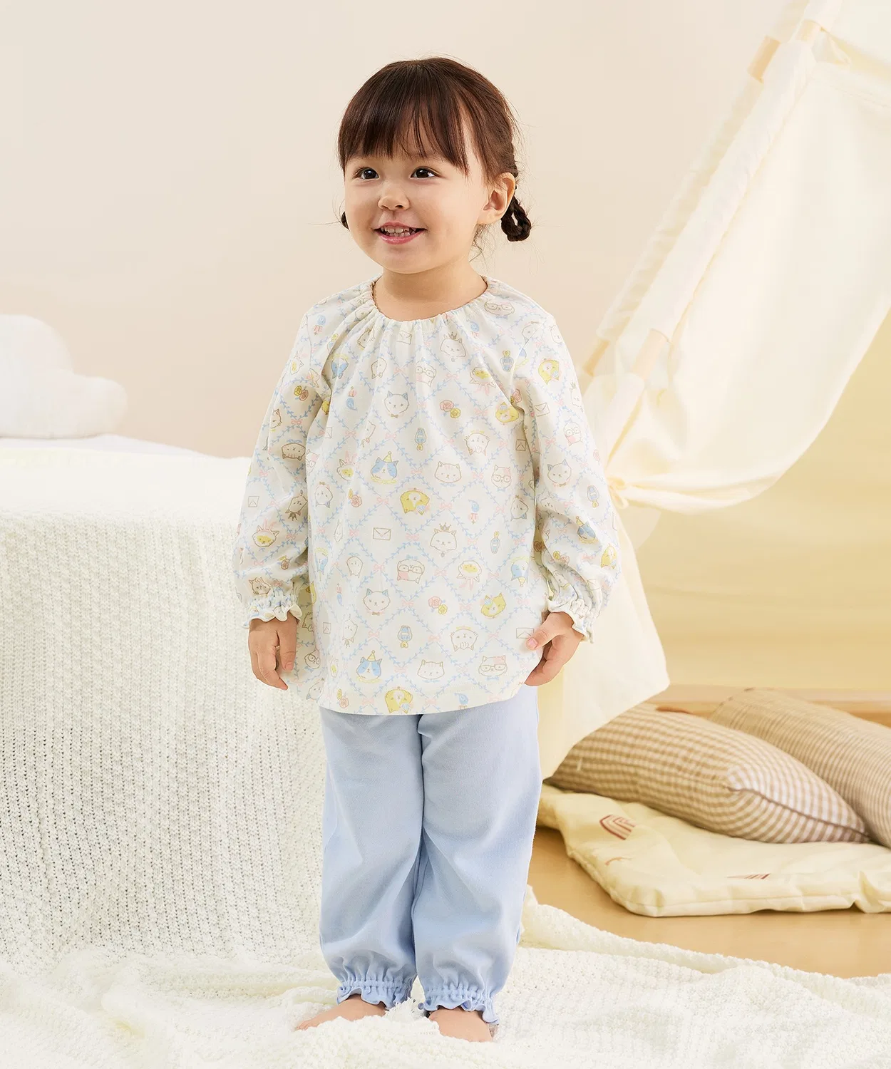 Пижама детская с принтом кошек, Smooth Cotton, длинный рукав, светло-голубая