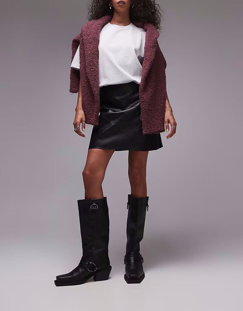 

Юбка-ламбрекен из искусственной кожи со вставками и швами, черного цвета Topshop