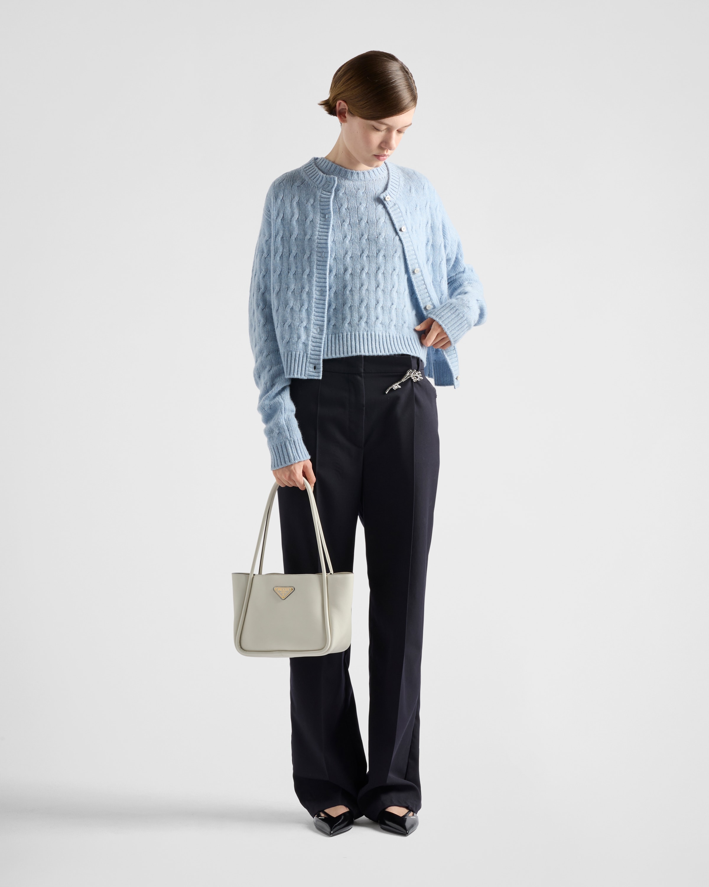 Свитер из переработанного кашемира с косами Prada, голубой — фото 2