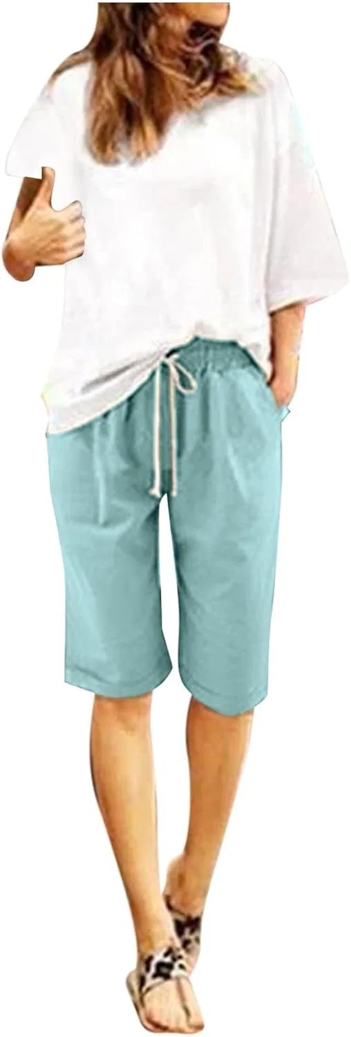 Шорты бермуды женские, лён, хлопок, с завязкой, 08 Mint Green