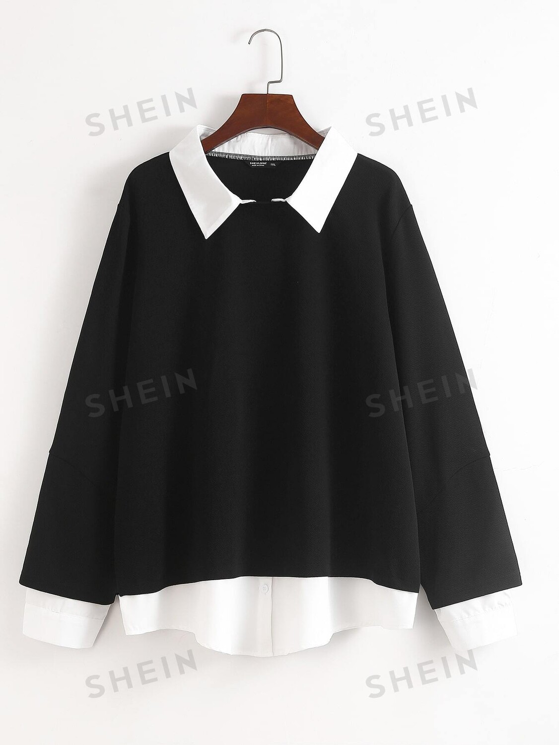 

EZwear Plus Пуловер 2 в 1 с контрастным воротником Shein, черный