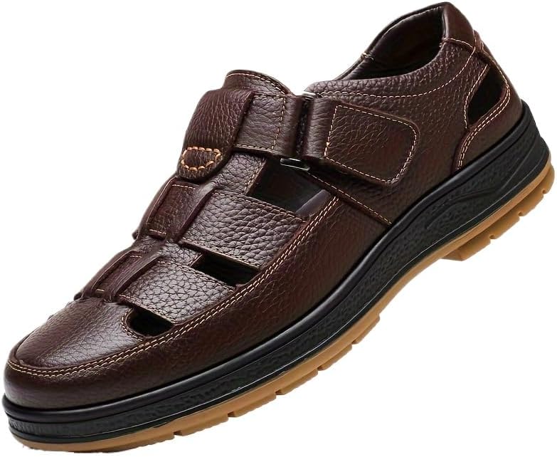 

Мужские сандалии из цельной кожи с верхом из винтажной кожи первого слоя, закрытый носок, удобные, с нескользящей застежкой-липучкой, пляжная обувь для воды Hhhchpm, коричневый