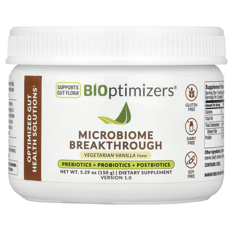 

BIOptimizers, Microbiome Breakthrough, пребиотики, пробиотики и постбиотики, вегетарианская ваниль, 150 г (5,29 унции)