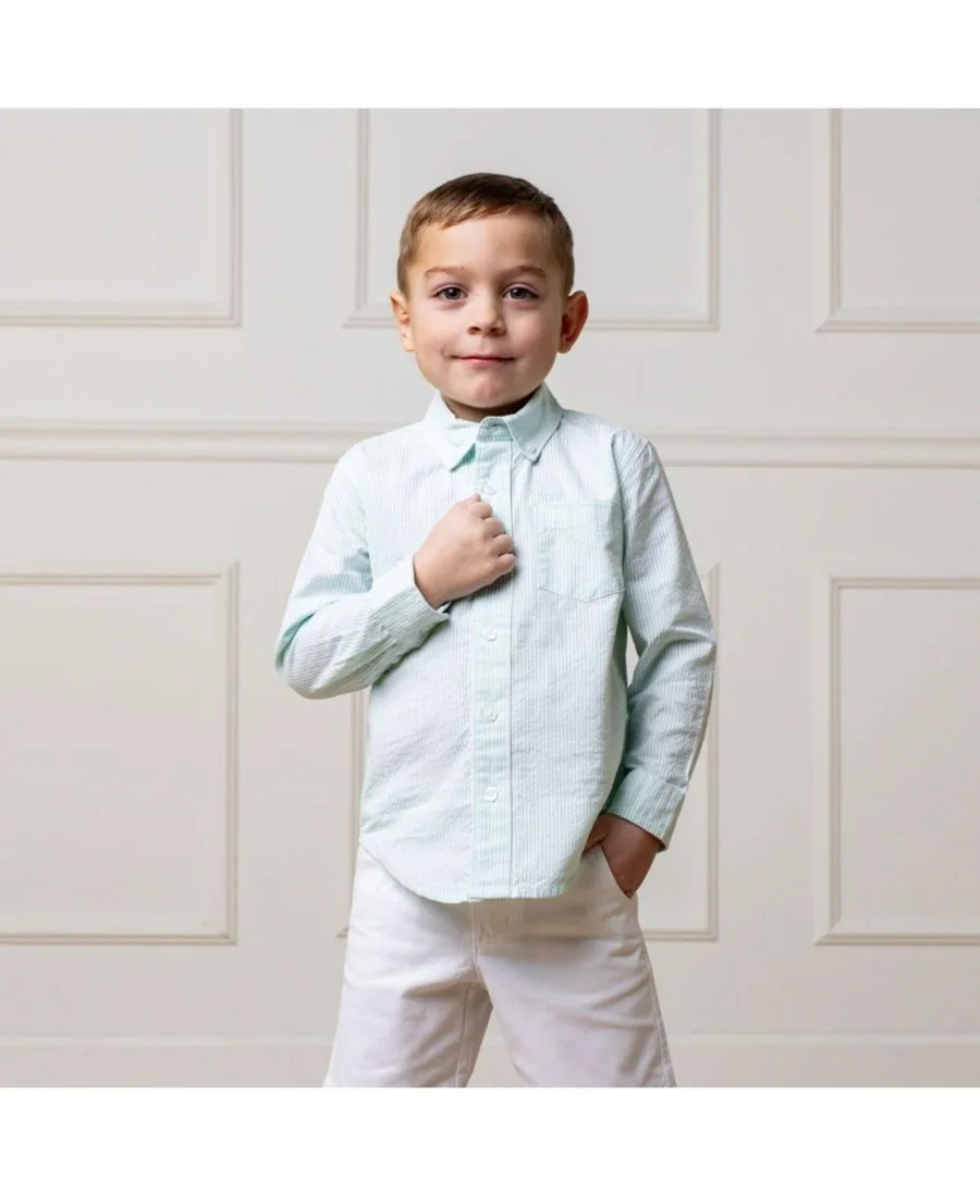 Детская рубашка с длинными рукавами из жатой ткани с пуговицами Hope & Henry, Mint Seersucker — фото 3