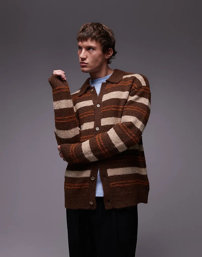 

Свободный кардиган поло в коричневую полоску с начесом Topman