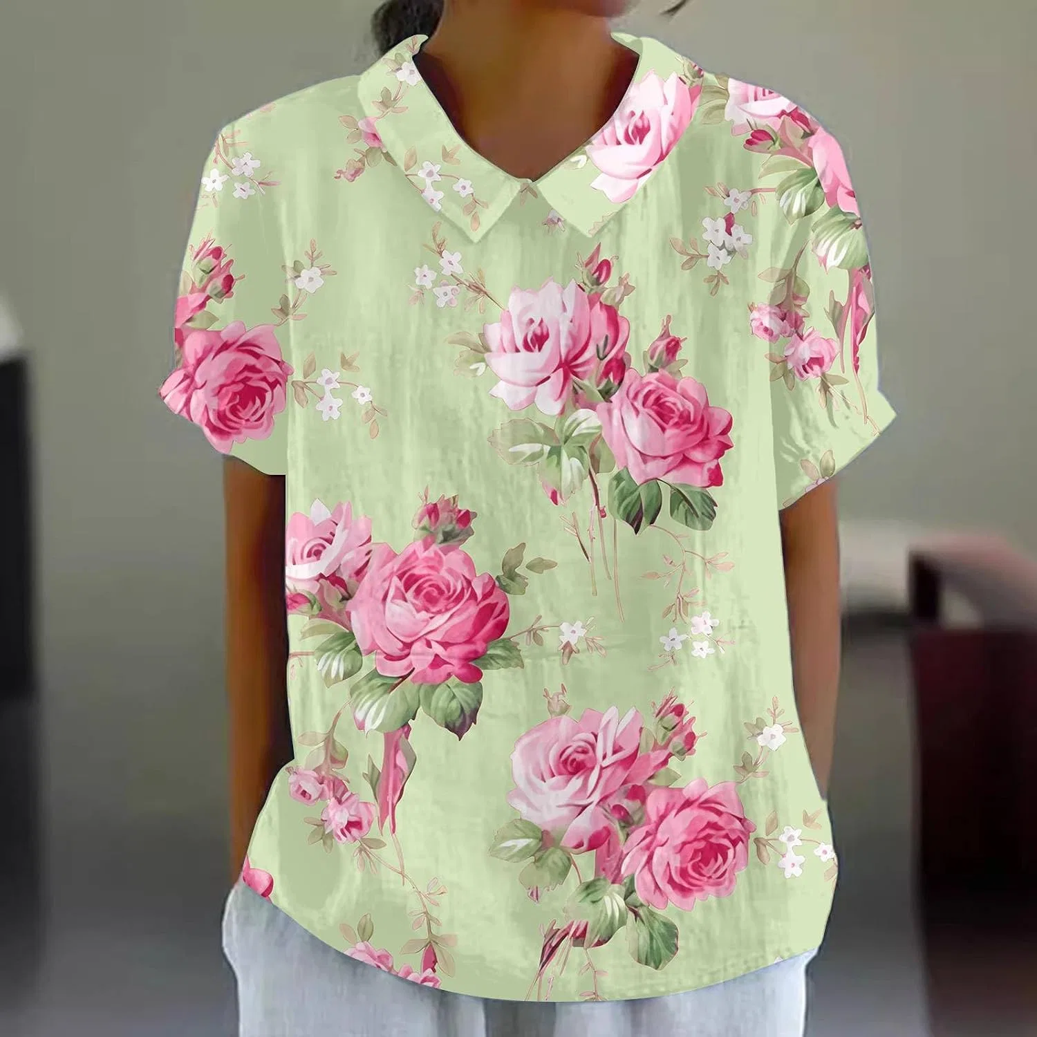 Блуза женская с принтом Vintage Print Cotton & Linen, зеленый — фото 4
