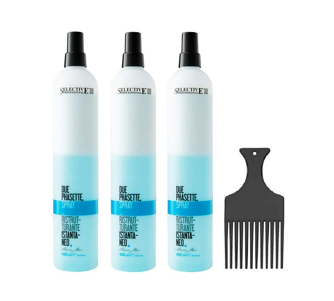 Восстанавливающий спрей Selective Artistic Hair Due Phasette 450 мл (3 упаковки) + расческа афро Gieseke